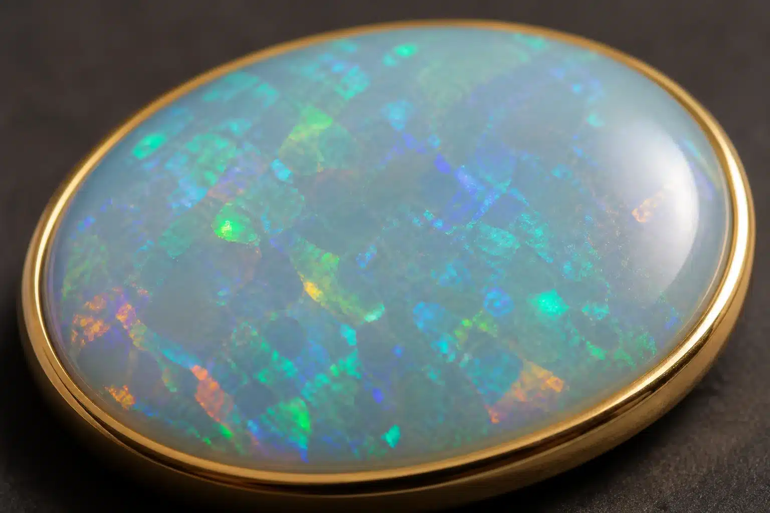 Makroansicht eines hellen Opals mit blaugrünen und orangefarbenen Lichtreflexen in einer Goldfassung