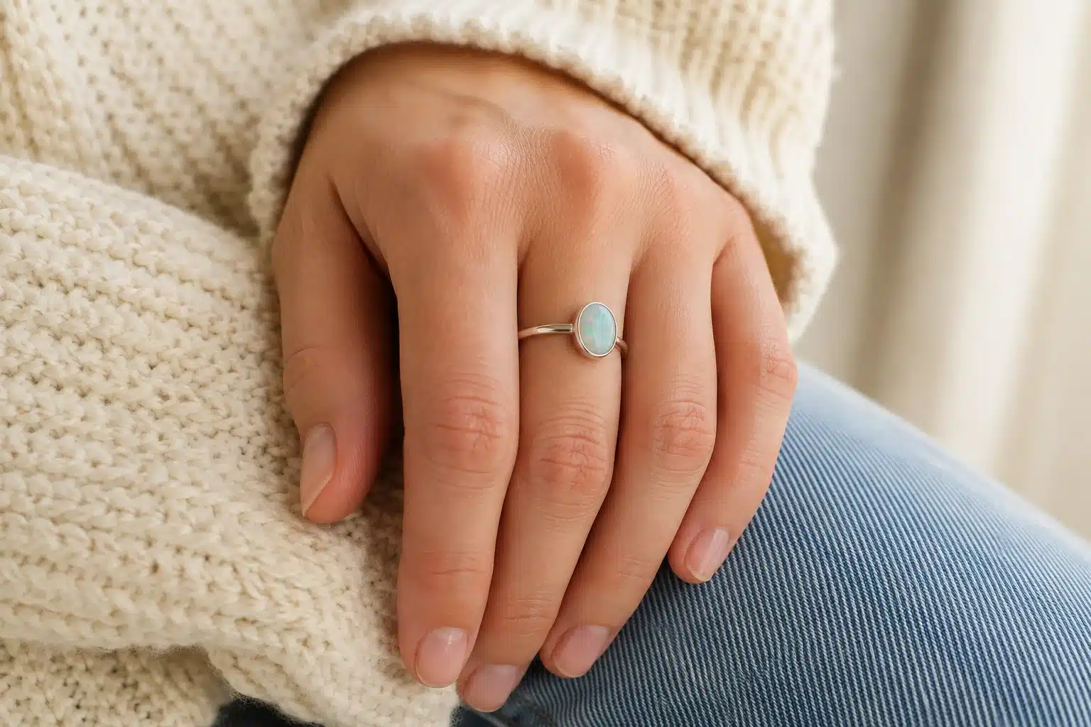 Hand mit einem filigranen silbernen Opalring auf cremefarbenem Strick und blauem Denim