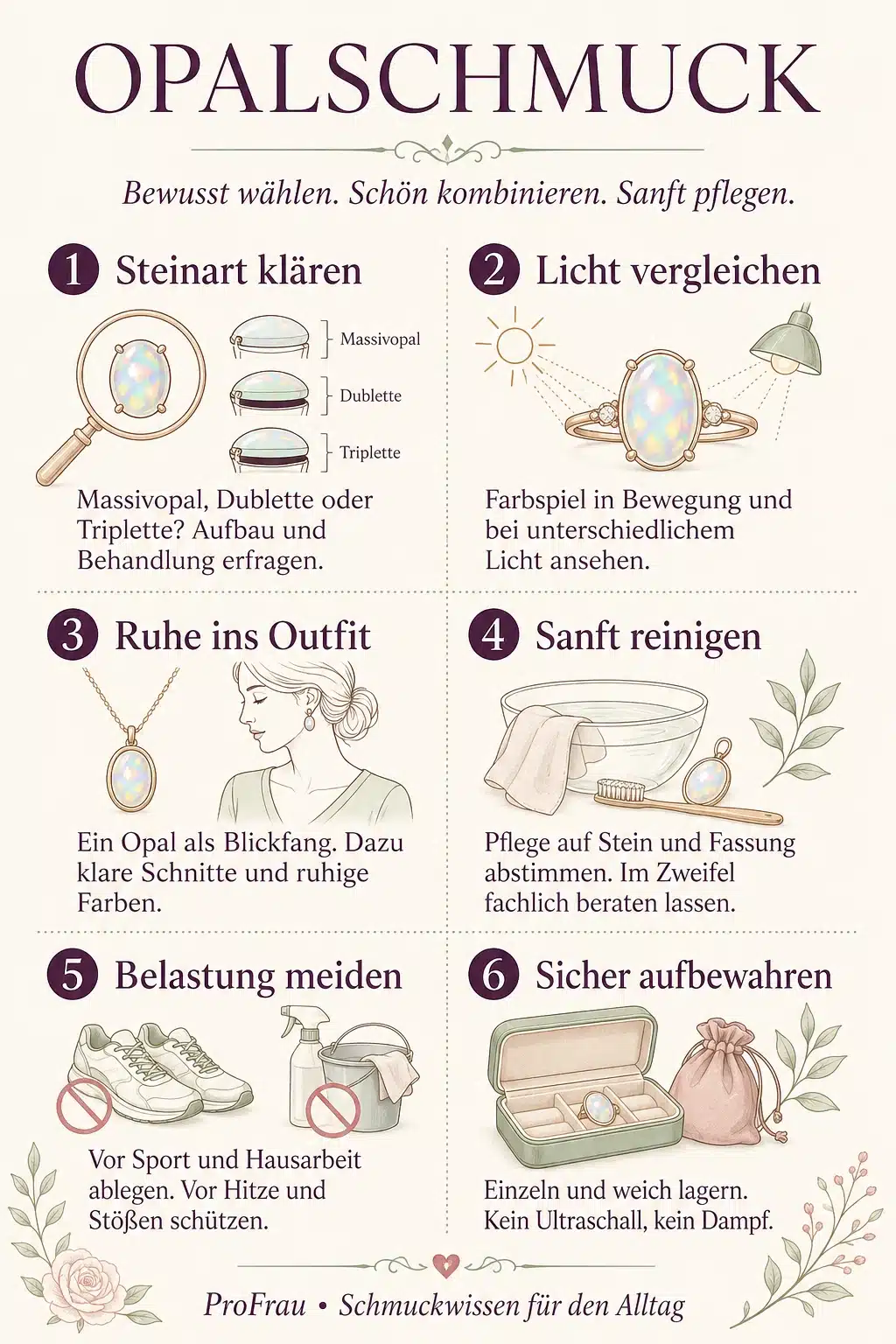 Infografik: Steinart klären, Licht vergleichen, ruhiges Outfit wählen, sanft reinigen, Belastung meiden und einzeln aufbewahren